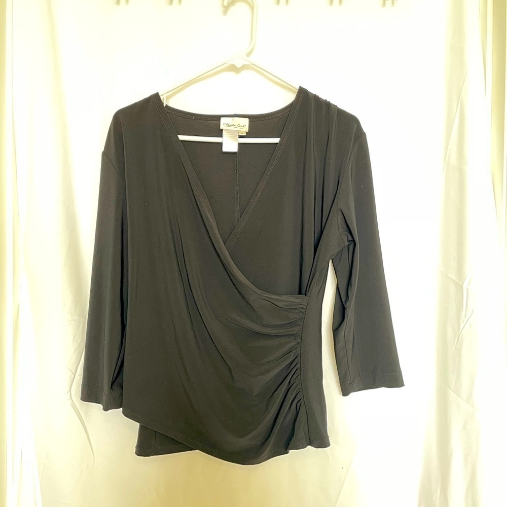 Coldwater Creek/ Black Surplice draped faux wrap top.​​​​​​​​​​